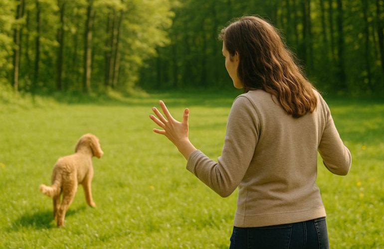 Mein Hund will mich ärgern. Frau ist wütend auf ihren Hund. Hund macht was er will