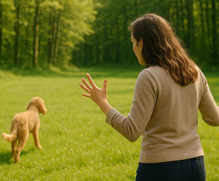Mein Hund will mich ärgern. Frau ist wütend auf ihren Hund. Hund macht was er will